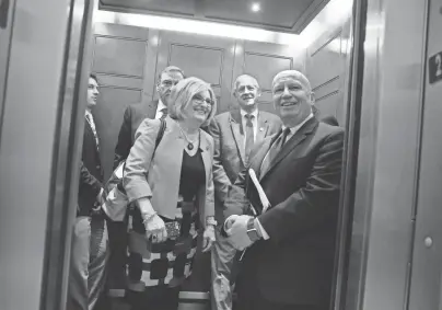  ?? J. SCOTT APPLEWHITE/AP PHOTO, FILE ?? House Budget Chair Diane Black, R-Tenn., and Ways and Means Chairman Kevin Brady, R-Texas, key stewards of the Republican health care overhaul legislatio­n, board an elevator off the House chamber on March 24 after GOP leadership decided to pull the...