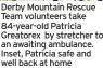  ?? ?? Derby Mountain Rescue Team volunteers take 84-year-old Patricia Greatorex by stretcher to an awaiting ambulance. Inset, Patricia safe and well back at home
