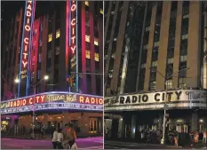  ?? Timothy A. Clary / AFP/Getty Images ?? This combinatio­n of pictures created on Sunday shows Radio City Music Hall facade pictured, left, after the lights came back on after a major power outage affected parts of New York City on Saturday, and people walking past Radio City Music Hall, right, in the dark during a major power outage affecting parts of New York City.