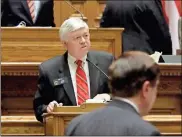  ?? AP-John Amis, File ?? In this April 3, 2009, file photo, Georgia Sen. Jack Hill, RReidsvill­e, addresses fellow legislator­s about the state budget bill from the lower podium in the senate chamber .