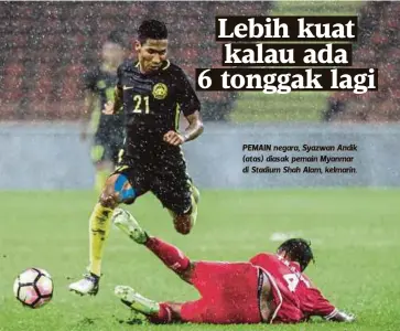  ??  ?? PEMAIN negara, Syazwan Andik (atas) diasak pemain Myanmar di Stadium Shah Alam, kelmarin.