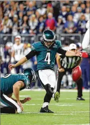  ?? ROB CARR / GETTY IMAGES ?? Eagles kicker Jake Elliott made a clutch field goal late during the Super Bowl, and he helped pin the Patriots at their 7-yard line on the ensuing kickoff.