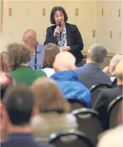  ?? Picture: Phil Hannah. ?? Charlotte Ahmed of Unite Against Fascism addresses last night’s meeting.