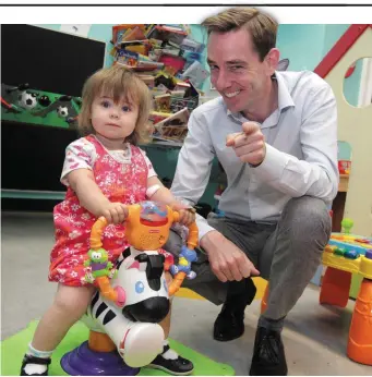  ??  ?? Ryan Tubridy with Ciara Davis (18 months) from Broadway, Co Wexford, at Our Lady’s Children’s Hospital, Crumlin, where the RTE presenter was announced as an ambassador to generate awareness and raise funds for paediatric research at the National...