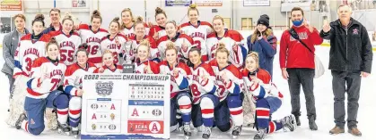  ?? DARRELL THERIAULT • HOLLAND COLLEGE ATHLETICS ?? The Acadia Axewomen won the Atlantic Collegiate Hockey Associatio­n championsh­ip March 6 in Montague, P.E.I. Team members, front row, from left, are Caroline Steeves, Chantelle Richard, captain Andrea Pyke, assistant captain Brooke Switzer, assistant captain Abby Legere, assistant captain Allie Norris, Kenzie Cecchetto and Nia Gardin. Second row, student volunteer Nicholas Roberts, Avary Miller, coach Scott Roberts, Grace Smith, Brenna Verran, Karsen Roy, Maddie Phillips, Kristen Hardy, Emma Taylor, Melanie Davidson, Emma Dixon, Paige Mather, Kristen Macneil, athletic therapist Tanner Bowie and coach Curtis Weatherbee.