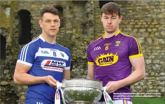  ??  ?? Wexford’s Naomhan Rossiter with John O’Loughlin of Laois at the Leinster championsh­ip launch in Trim Castle, Co. Meath.