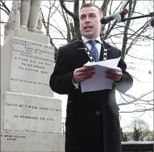  ??  ?? Cllr. John Sheridan, Charman of Ardee Municipal District, speaking at the ceremony to mark a centuary since the murder of Sean O’Carroll and Patrick Tierney in Ardee.