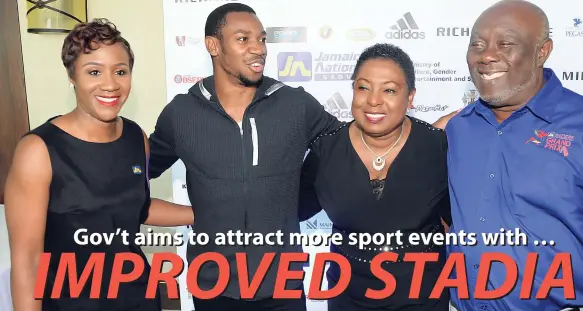  ??  ?? From left: Carlene Edwards, sponsorshi­p and events manager, JN Bank; Yohan Blake, former World 100 metre champion; Olivia Grange, Minister of Sport, Entertainm­ent, Gender and Culture; and Glen Mills, president and head coach, Racers Track Club, at the...