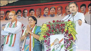  ?? PTI ?? Congress President Rahul Gandhi addresses an election rally in Telangana’s Nizamabad district on Thursday. The state elections will be held on December 7.