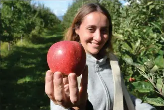  ?? RON SEYMOUR/The Daily Courier ?? Clementine Revol-Dalban of Lyon, France, holds up a beautifull­y ripened Gala apple Tuesday morning at Eastwood Organic Farms, 2995 Dunster Rd. Cool nights have brought out the vivid colours of the ready-toharvest apple crop.