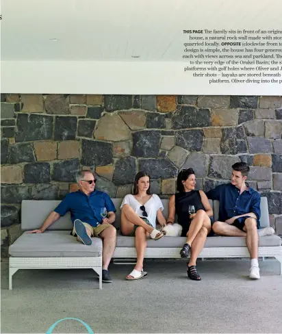  ??  ?? THIS PAGE The family sits in front of an original feature of the house, a natural rock wall made with stones that were quarried locally.