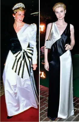  ?? ?? Black and white stars: A monochrome dress by the Emanuels for Diana in 1986, Elizabeth in Bally silk in 2016