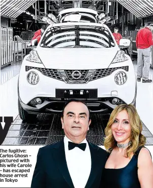  ??  ?? The fugitive: Carlos Ghosn – pictured with his wife Carole – has escaped house arrest in Tokyo