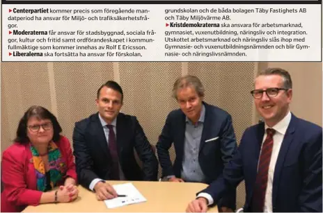  ??  ?? LEDNING. Annica Nordgren (C), Erik Andersson (M), Hans Ahlgren (L) och Tobias Karlström (KD) bildar Täbyallian­sen.