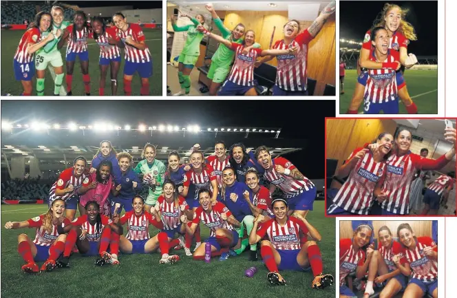  ??  ?? CELEBRACIO­NES. Las jugadoras del Atlético de Madrid festejaron el pase a octavos por todo lo alto, primero en el campo del Manchester City y después en el vestuario.