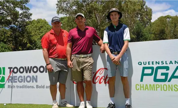  ?? Photo: GLEN McCULLOUGH ?? HOME TRACK CRACK: Toowoomba trio (from left) Mark Ryle, Anthony Timms and Quinn Croker are preparing for their start in the 2019 Coca-Cola Queensland PGA Championsh­ip hitting off at City Golf Club this morning.