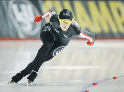  ?? JEFF McINTOSH/THE CANADIAN PRESS ?? Heather McLean skates to a seventh-place finish Sunday at the women's world sprint championsh­ips in Calgary.