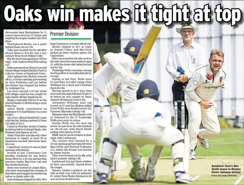  ?? Picture: Alan Langley FM14714423 ?? Sandwich Town’s Ben Smith bowls to Bickley Park’s Safwaan Imitiaz