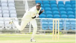  ?? LENNOX ALDRED/GLEANER WRITER ?? Jamaica Scorpions pace bowler Marquino Mindley bowls a delivery on day one of his team’s West Indies Championsh­ip contest against the Windward Islands Volcanoes at the Brian Lara Cricket Academy in Tarouba, yesterday.