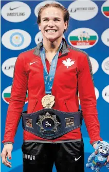  ?? ANVAR ILYASOV
THE ASSOCIATED PRESS ?? Linda Morais is pictured at the medal ceremony after she won gold in the women’s 59-kilogram category at the wrestling world championsh­ips in Nur-Sultan, Kazakhstan, on Thursday.