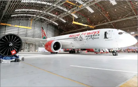  ?? PHOTO: REUTERS ?? A Kenya Airways Boeing Dreamliner 787-8 is seen inside a hangar at their headquarte­rs in Nairobi, Kenya.