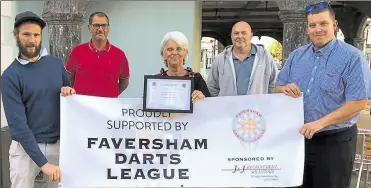  ??  ?? Faversham Darts League are congratula­ted by the Mayor of Faversham for their charity work (43719145)