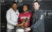  ?? MARY ALTAFFER / AP ?? Bryce Love (center) last year finished runner-up to Heisman Trophy winner Baker Mayfield of Oklahoma (right) and ahead of Louisville’s Lamar Jackson (left).