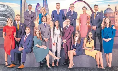  ?? Picture: PA. ?? The candidates for the news series of The Apprentice, back row left to right, Kayode Damali, Sabrina Stocker, Rick Monk, Alex Finn, Sarah Byrne, Daniel Elahi, middle row left to right, Camilla Ainsworth, Frank Brooks, Kurran Pooni, Sian Gabbidon, David Alden, Khadija Kalifa, front row, seated, left to right, Tom Bunday, Jackie Fast, Sarah Ann Magson and Jasmine Kundra.