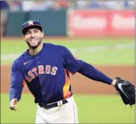  ?? Michael Wyke / Associated Press ?? The Astros’ George Springer reacts after a win against the Diamondbac­ks in the last regular-season home game, in Houston, on Sept. 20. Springer is a free agent.