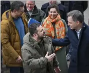  ?? UKRAINIAN PRESIDENTI­AL PRESS OFFICE VIA AP ?? Ukrainian President Volodymyr Zelenskyy, front left, speaks with Belgian Prime Minister Alexander De Croo during their meeting in Kyiv, Ukraine, on Saturday.