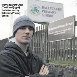  ??  ?? Worried parent Chris O’Neill and (right) the letter sent by Ballycarry Primary School