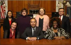  ?? JULIA MALAKIE — LOWELL SUN ?? The Lowell School Committee on Nov. 2, 2022. Front, from left: Eileen Delrossi, Mayor Sokhary Chau and Stacey Thompson. Rear, from left: Susie Chhoun, Jackie Doherty, Connie Martin and Dominik Lay.