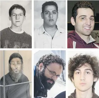 ??  ?? Terrorist suspects Xristos Katsirouba­s, top left, Ali Medlej, top middle, and Tamerlan Tsarnaev, top right. Along the bottom, Raed Jaser, left, Chiheb Esseghaier, middle, and Dzhokhar Tsarnaev, right.