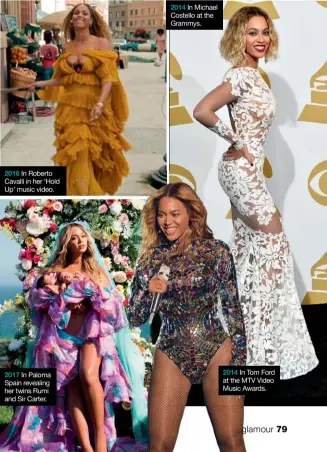  ??  ?? 2014 In Givenchy at the Met Gala. 2016 In Roberto Cavalli in her ‘Hold Up’ music video. 2017 In Paloma Spain revealing her twins Rumi and Sir Carter. 2014 In Michael Costello at the Grammys. 2014 In Tom Ford at the MTV Video Music Awards.