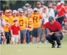  ?? MIKE CARLSON/THE ASSOCIATED PRESS ?? Tiger Woods lines up his putt on the 13th hole on Sunday during the Valspar Championsh­ip in Palm Harbor, Fla. Woods finished a stroke back of winner Paul Casey.