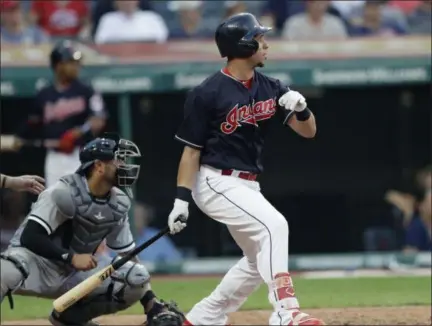  ?? TONY DEJAK — ASSOCIATED PRESS ?? Michael Brantley watches his RBI single off White Sox reliever Aaron Bummer during the seventh inning May 29.