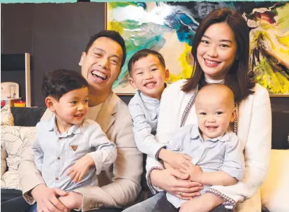  ?? Picture: Kelly Barnes ?? Health profession­als Eu Queen Ang and husband William Trieu, with children Kean Ming Trieu, 5, Kean Wai Trieu, 3, and Kean Seng Trieu, 1, inject extra money into their super.