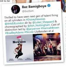  ??  ?? Then and now: Donovan with the Joseph cast in 1991, above, and right, standing on tiptoes alongside new leading man Jac Yarrow. Left: The Bamigboye t tweet that praised the young actor