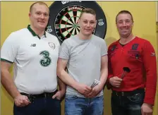  ??  ?? Colm O’ Dea, Dromahane; Pat Lucey, Dromahane and Stephen Connolly, Bweeng, pictured at the fundraisin­g darts exhibition.