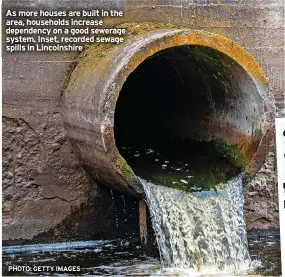  ?? ?? As more houses are built in the area, households increase dependency on a good sewerage system. Inset, recorded sewage spills in Lincolnshi­re
PHOTO: GETTY IMAGES