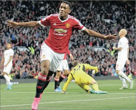  ?? Picture: CARL RECINE, REUTERS ?? UNIVERSAL LANGUAGE: Anthony Martial celebrates his goal against Liverpool. Martial doesn’t know enough English to communicat­e with his Manchester United teammates, but who needs words when you can score brilliant goals.