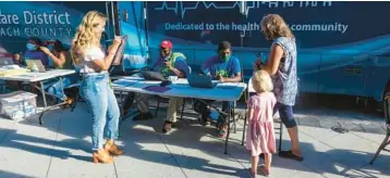  ?? SAUL MARTINEZ/THE NEW YORK TIMES ?? People queue outside a mobile COVID vaccine clinic in downtown West Palm Beach in 2021. Once a vaccine advocate, Gov. Ron DeSantis lost his enthusiasm for the shot before the Delta wave sent COVID hospitaliz­ations and deaths soaring in Florida. It’s a grim chapter he now leaves out of his rosy retelling of his pandemic response.