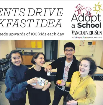  ?? DHARM MAKWANA ?? The breakfast program at Vancouver Technical Secondary School was launched by students, from left, Sakura Kubota, 15, David Zhang, 15, and 14-year-old Rosemary Taylor. Van Tech principal Annette Vey-Chilton, centre, says the trio took food-safety training on their own time. “I’m so proud of them,” she says.