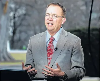  ?? AP PHOTO ?? Director of the Office of Management and Budget Mick Mulvaney talks during a television interview outside the White House in Washington on Jan. 22. Mulvaney, the former tea party congressma­n who runs the White House budget office, said Sunday that...