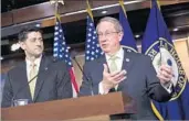  ?? J. SCOTT APPLEWHITE/AP ?? House Judiciary Chairman Bob Goodlatte, R-Va., talks about immigratio­n bills as Speaker Paul Ryan listens.