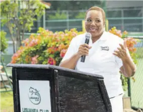  ?? (Photos: Supreme Digital Production) ?? Sharon Donaldson, managing director of General Accident Insurance (Jamaica) Limited, addresses the official handing-over ceremony for the renovated Courts C and D at the Liguanea Club on Wednesday, December 23, 2020.