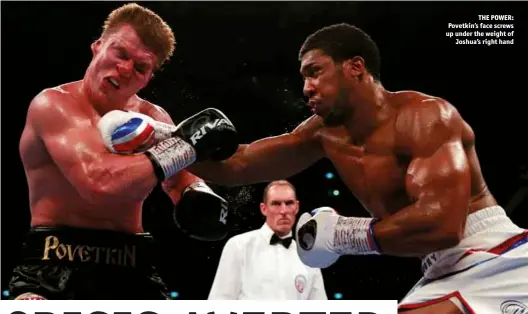  ?? Photos: ACTION IMAGES/ANDY COULDRIDGE ?? THE POWER: Povetkin’s face screws up under the weight of Joshua’s right hand