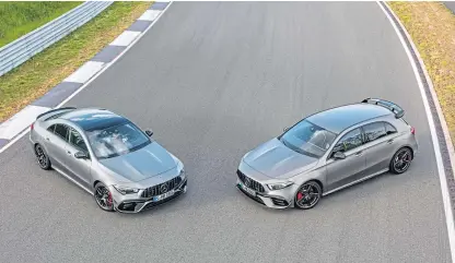  ??  ?? Above: the Mercedes AMG A 45S and the CLA 45 S. Below: the A 45 S.