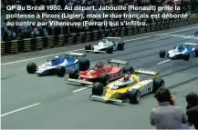  ?? ?? GP du Brésil 1980. Au départ, Jabouille (Renault) grille la politesse à Pironi (Ligier), mais le duo français est débordé au centre par Villeneuve (Ferrari) qui s’infiltre.