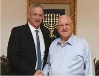  ?? (Mark Neyman/GPO) ?? PRESIDENT REUVEN RIVLIN meets with Blue and White leader Benny Gantz at the President’s Residence last night.